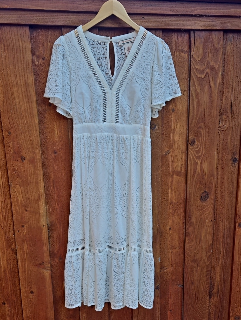 Flying Tomato White Lace Midi Dress with V-Neck and Flutter Sleeves